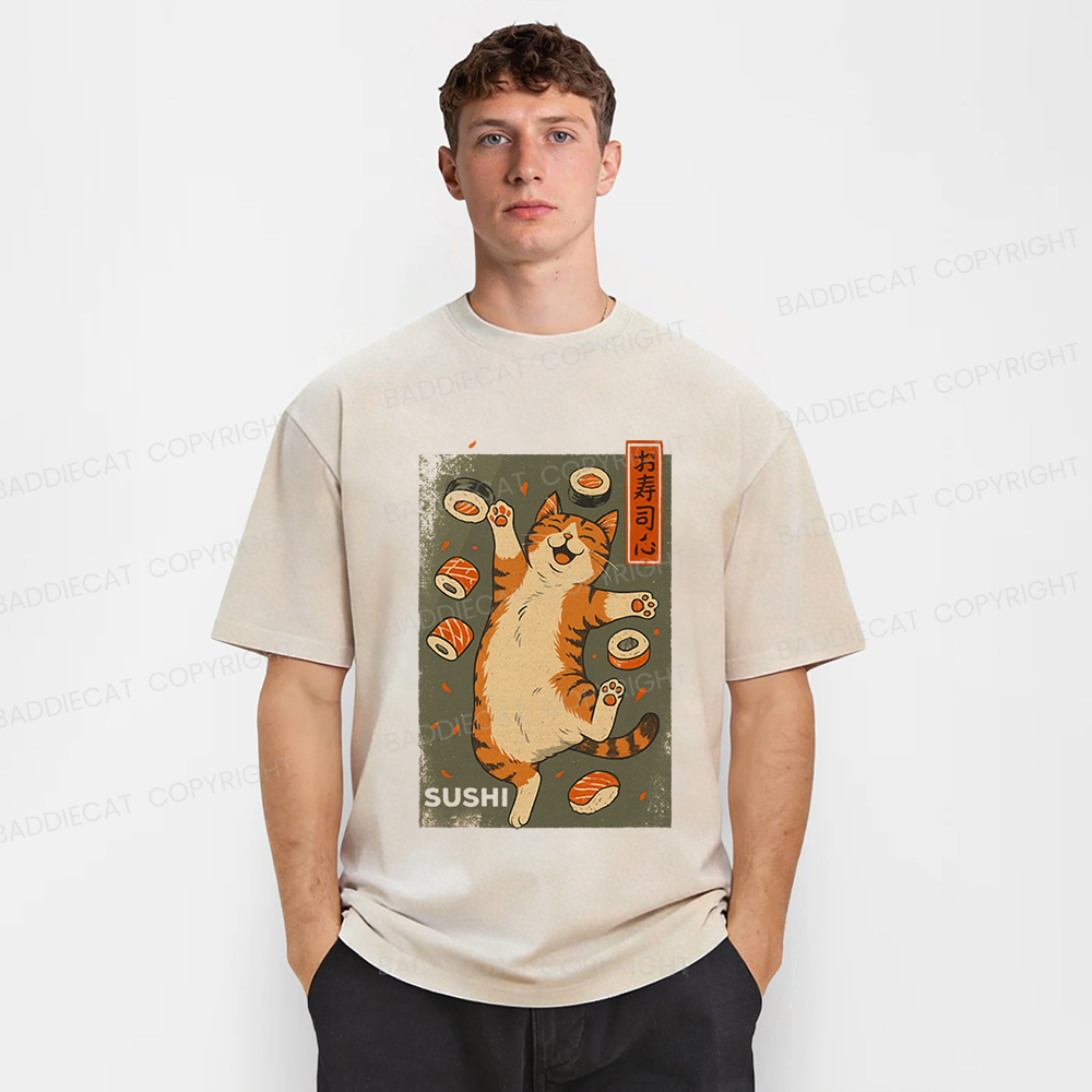 Baddiecat Cat And Sushi Washed T-shirt
