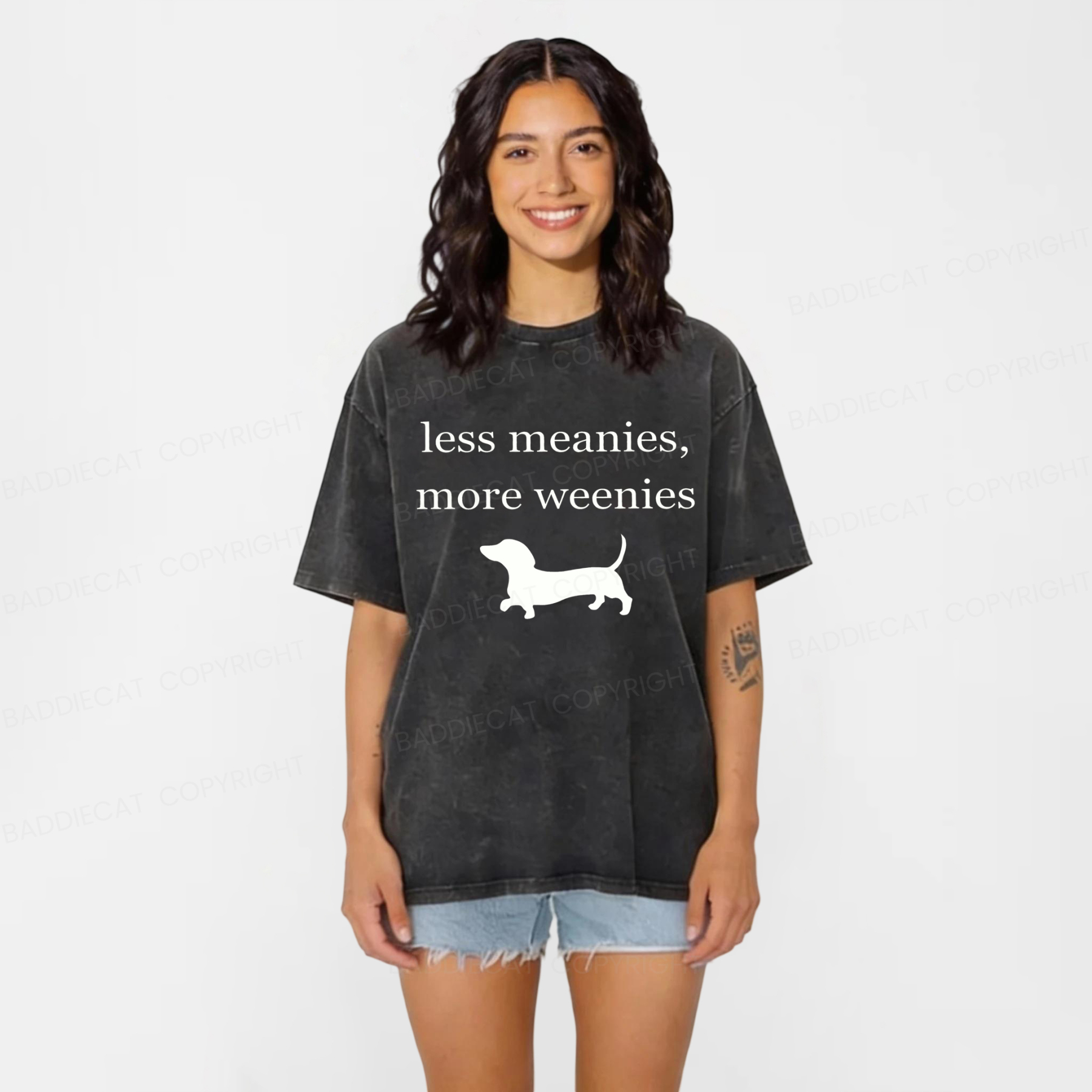Baddiecat Dachshund More Weenies Less Meanies Washed T-shirt