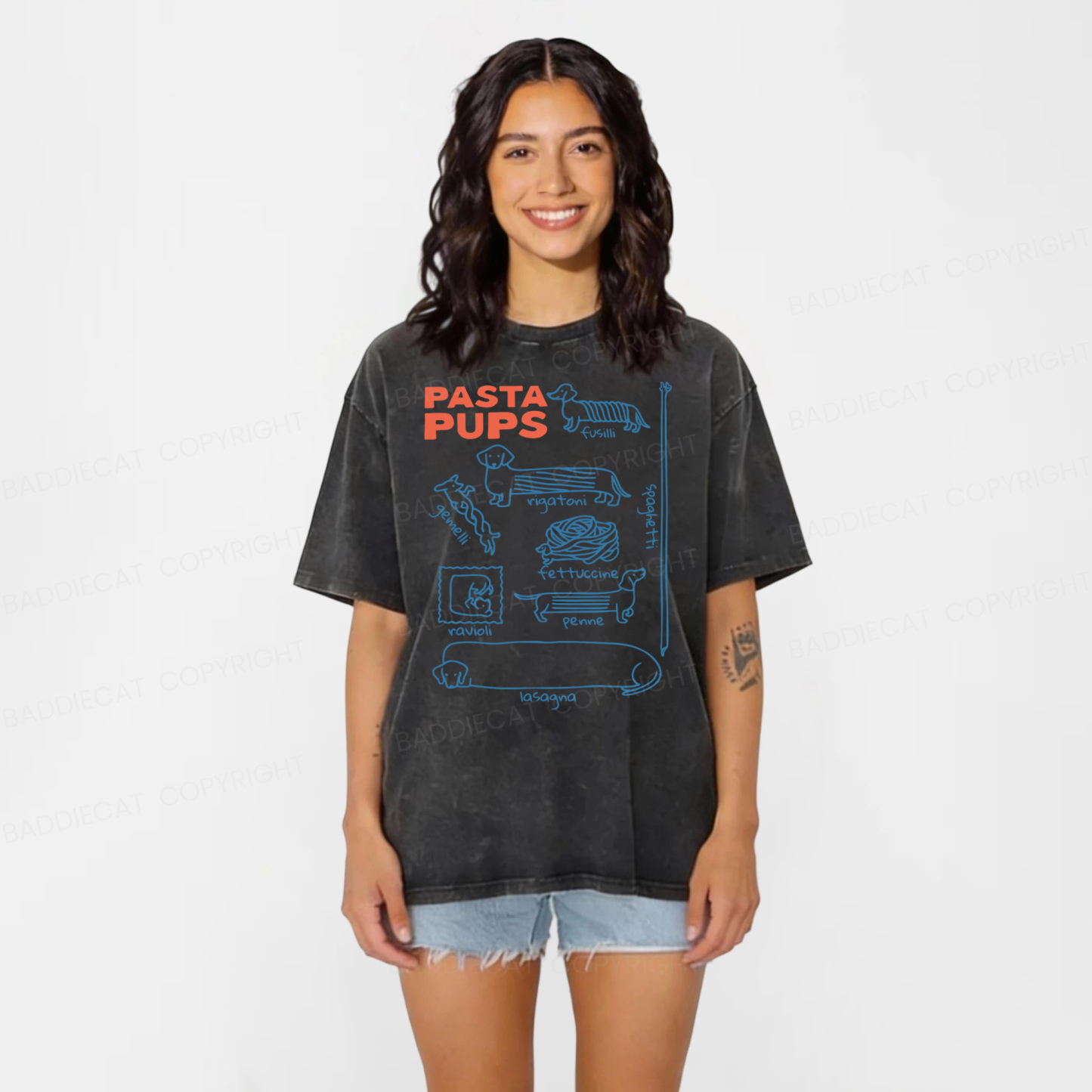 Baddiecat Pasta Pups Dachshunds As Pasta Types Washed T-shirt