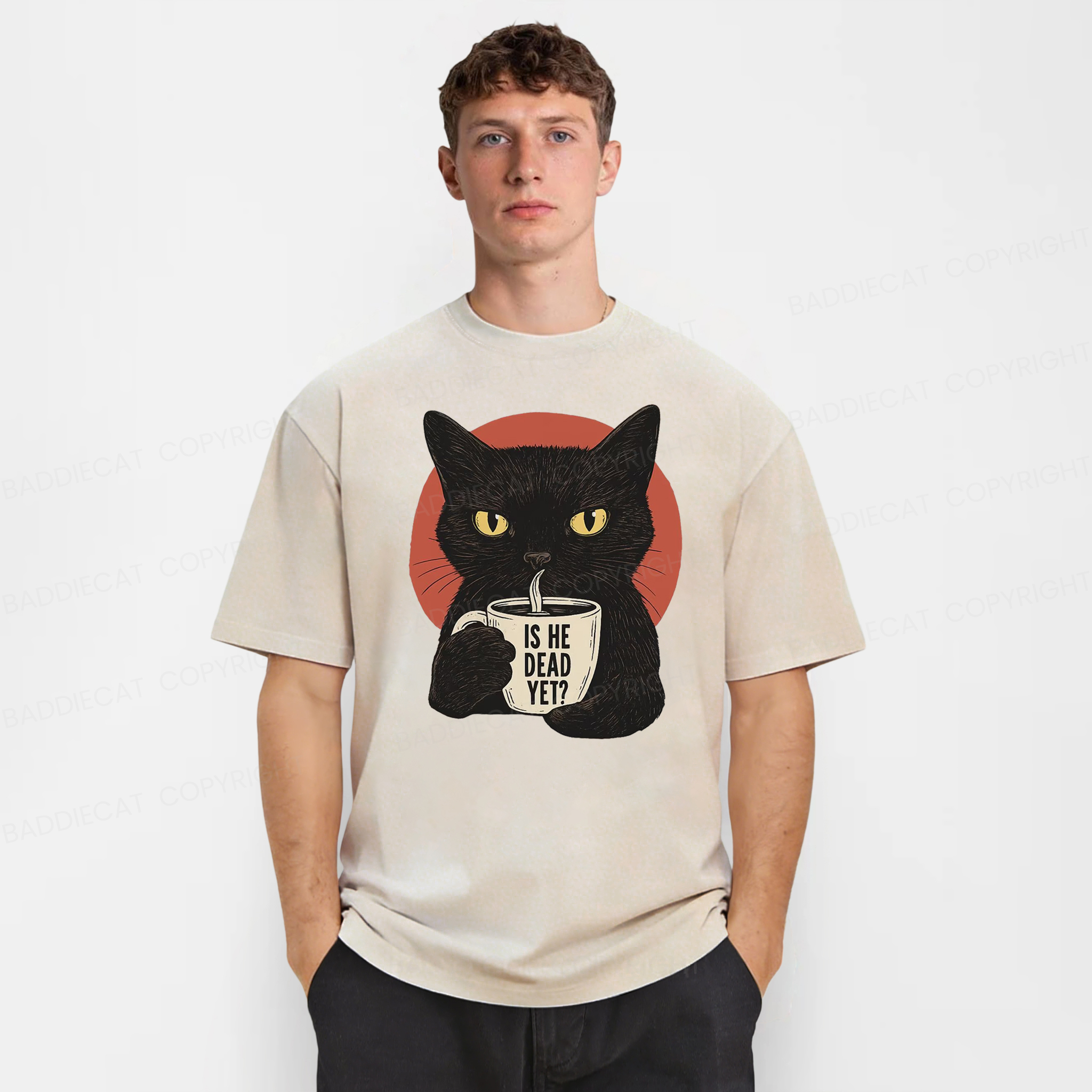 Baddiecat Is He Dead Yet Black Cat Washed T-shirt