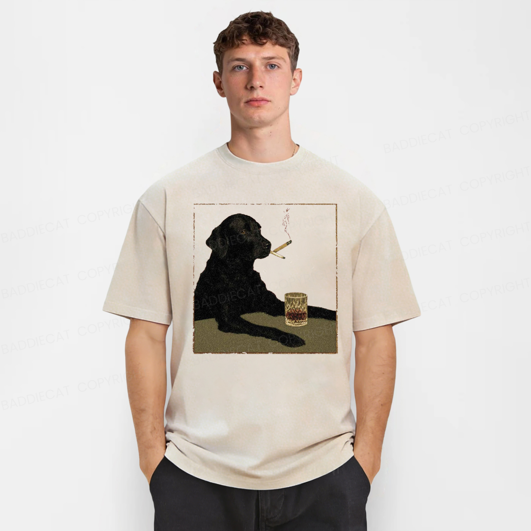 Baddiecat Smoking Dog Washed T-shirt