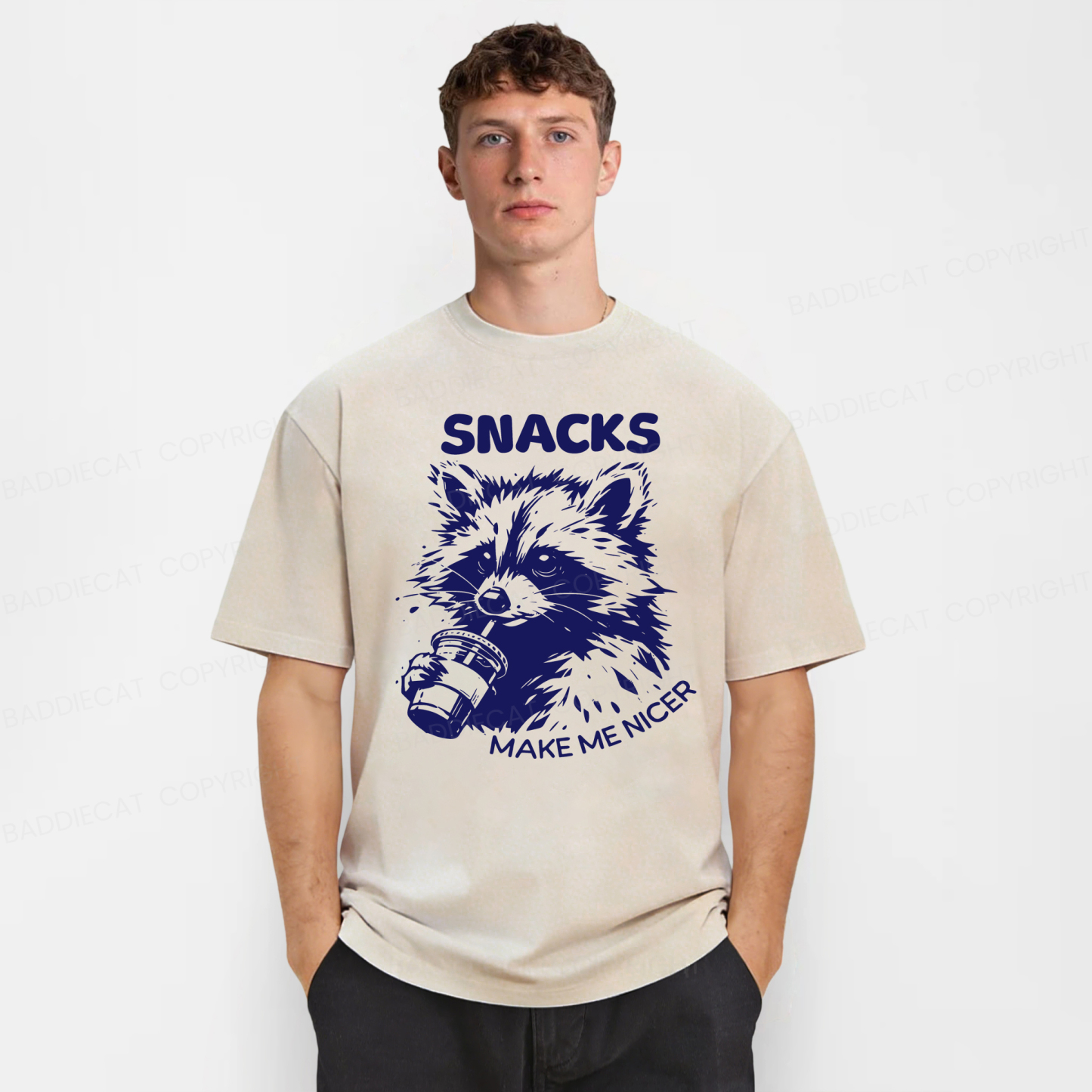 Baddiecat Snacks Make Me Nicer Raccoon Washed T-shirt