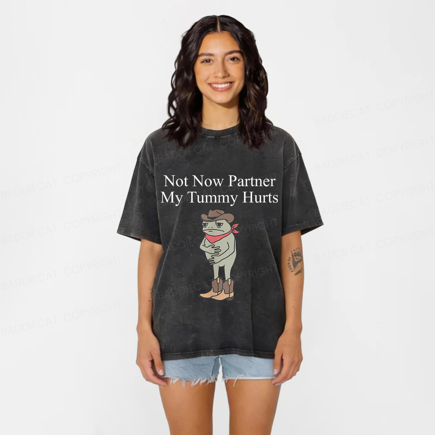 Baddiecat Not Now Partner My Tummy Hurts Frog Funny Washed T-shirt