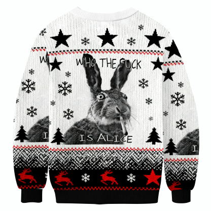 Who The Fuck Is Alice Funny Smoking Rabbit Meme Christmas Ugly Sweatshirt