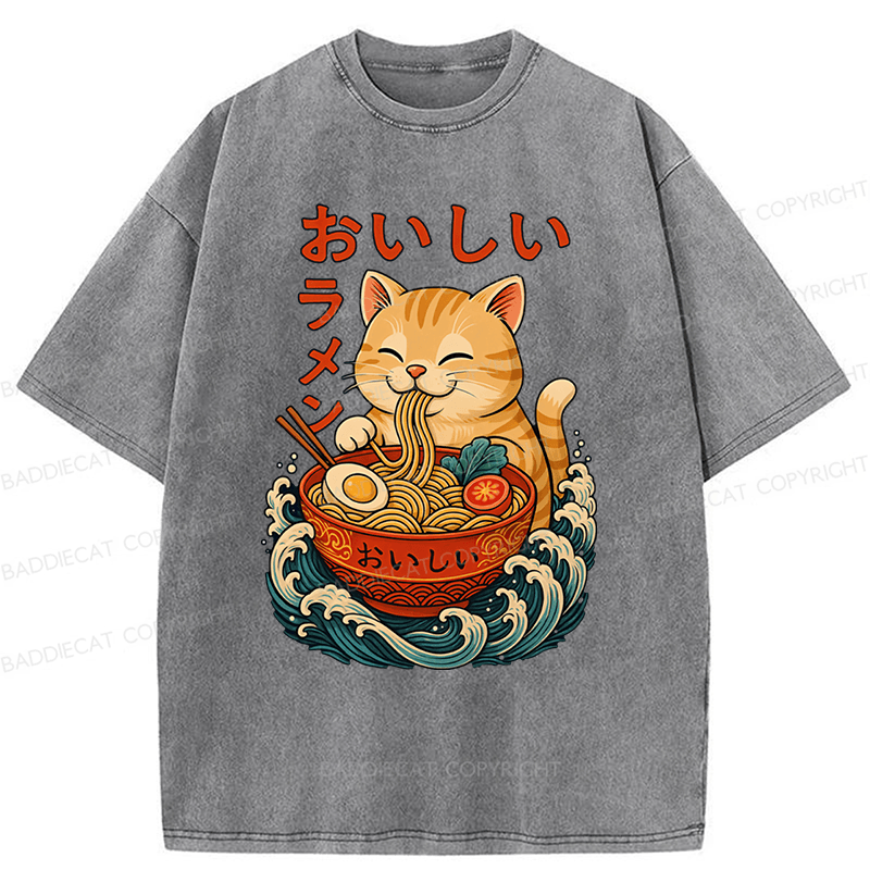 Baddiecat Ramen Cat Japanese Anime Kitty Noodle Washed T-shirt