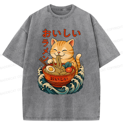 Baddiecat Ramen Cat Japanese Anime Kitty Noodle Washed T-shirt
