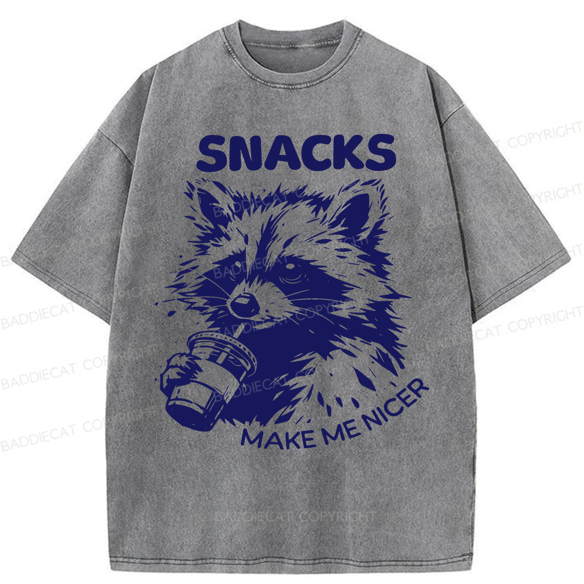 Baddiecat Snacks Make Me Nicer Raccoon Washed T-shirt