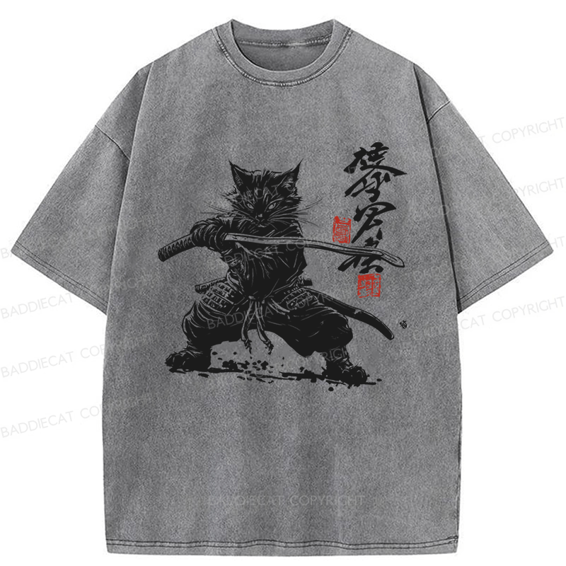 Baddiecat Samurai Cat Kanji Japanese Unisex Washed T-shirt