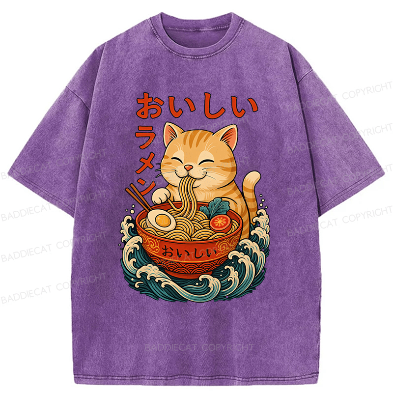 Baddiecat Ramen Cat Japanese Anime Kitty Noodle Washed T-shirt