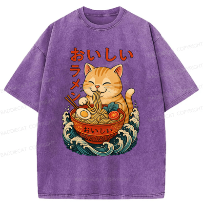 Baddiecat Ramen Cat Japanese Anime Kitty Noodle Washed T-shirt