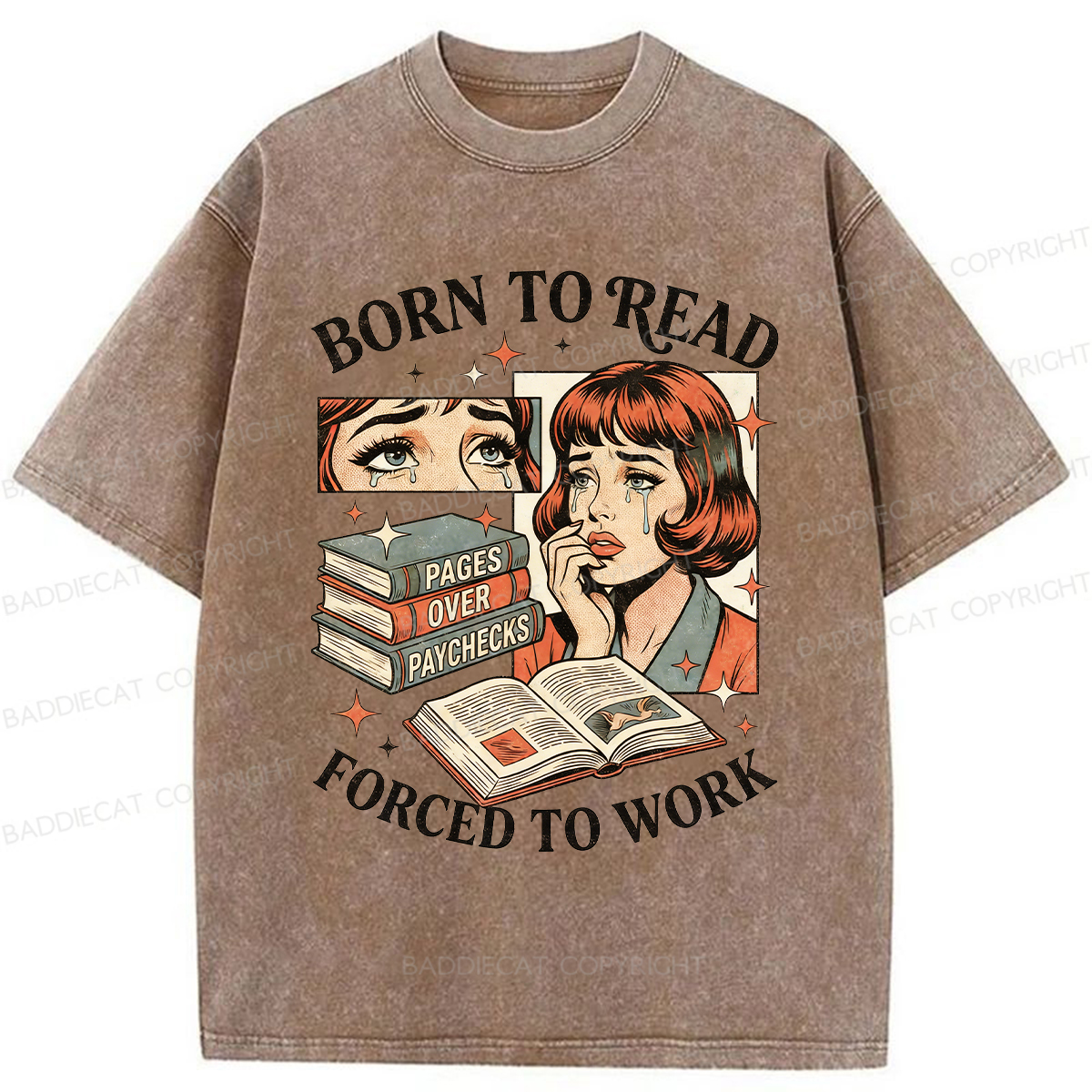 Baddiecat Born To Read Forced To Work Washed T-shirt