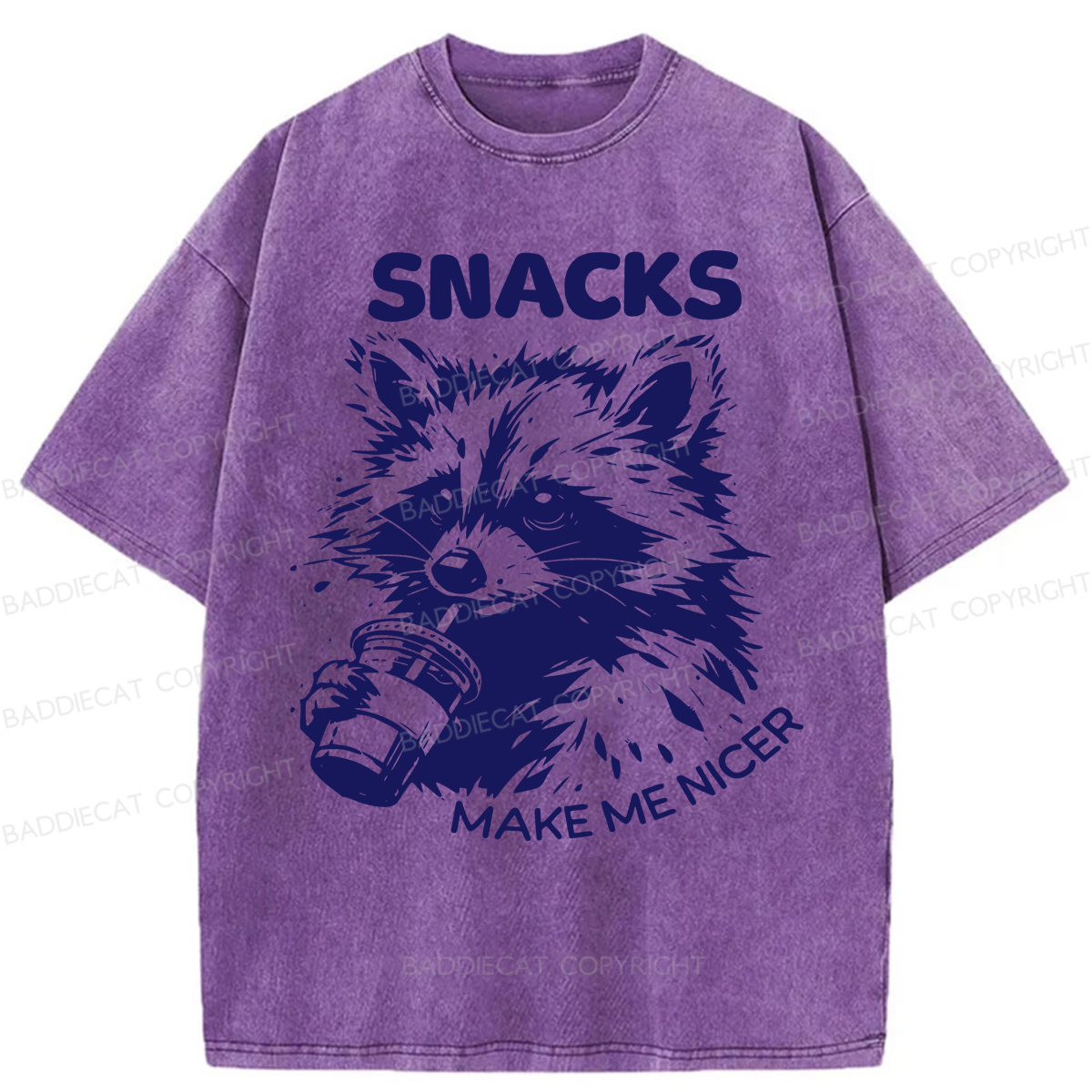 Baddiecat Snacks Make Me Nicer Raccoon Washed T-shirt