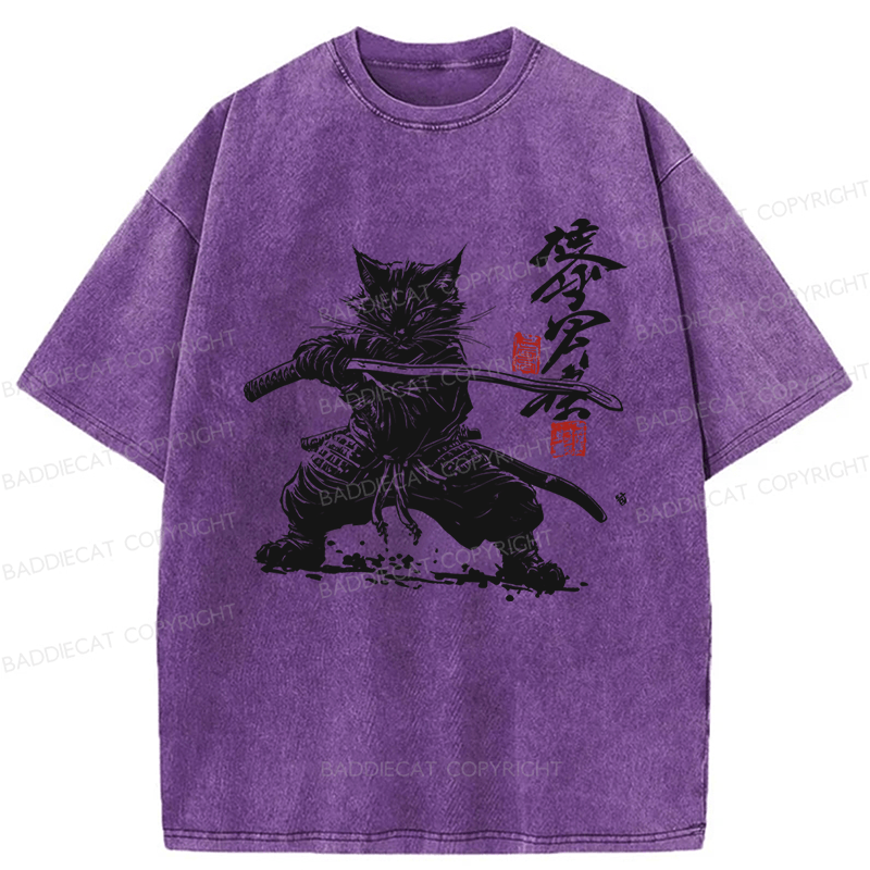 Baddiecat Samurai Cat Kanji Japanese Unisex Washed T-shirt