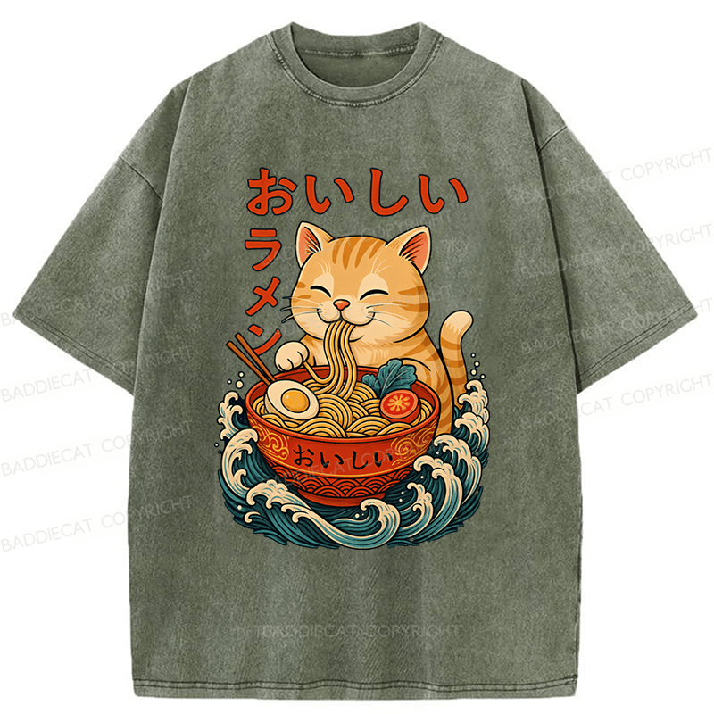 Baddiecat Ramen Cat Japanese Anime Kitty Noodle Washed T-shirt