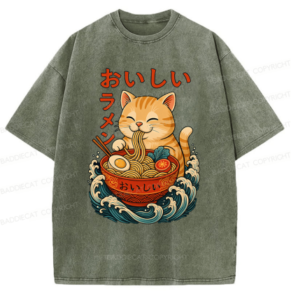 Baddiecat Ramen Cat Japanese Anime Kitty Noodle Washed T-shirt