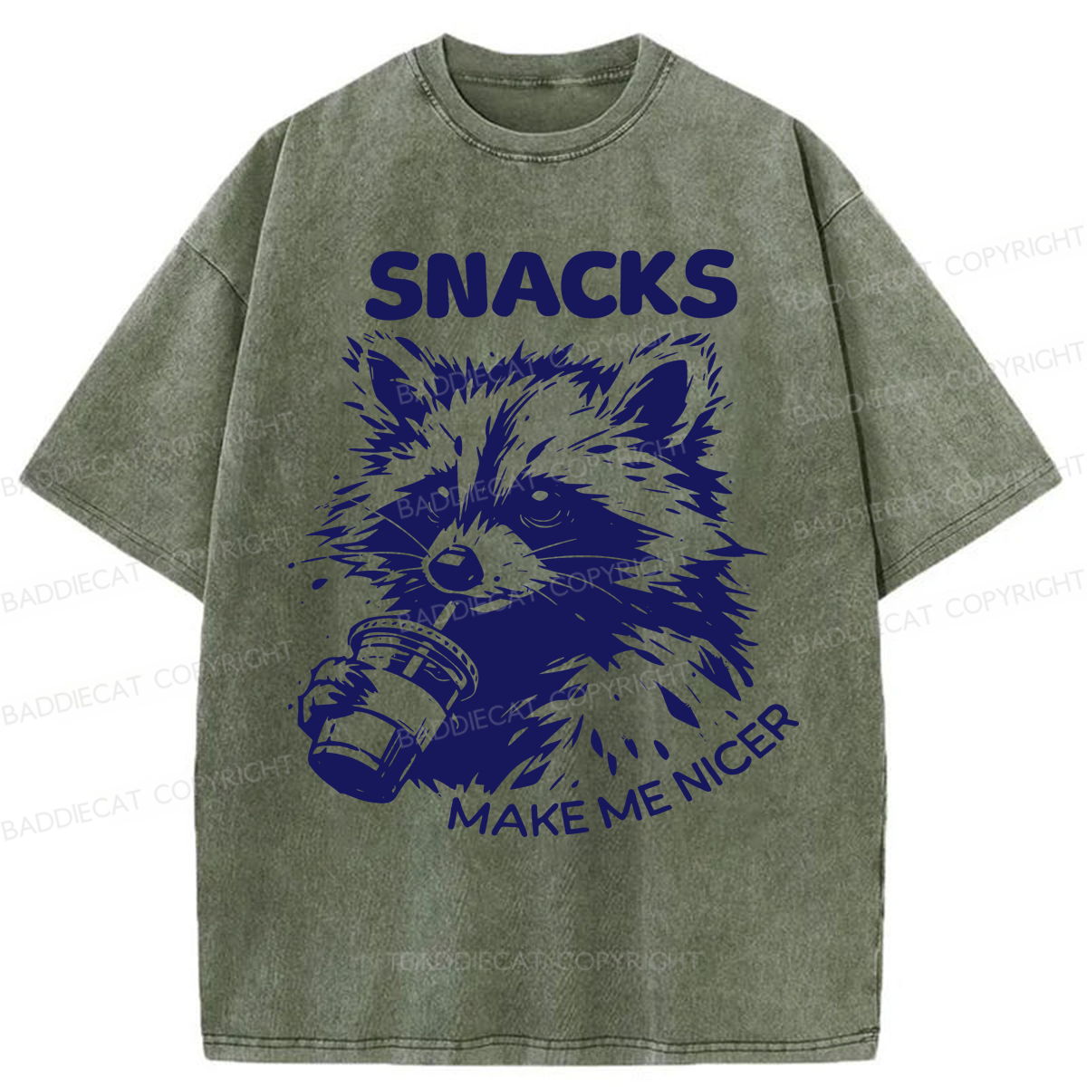 Baddiecat Snacks Make Me Nicer Raccoon Washed T-shirt