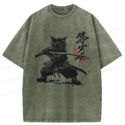 Baddiecat Samurai Cat Kanji Japanese Unisex Washed T-shirt