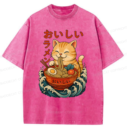 Baddiecat Ramen Cat Japanese Anime Kitty Noodle Washed T-shirt