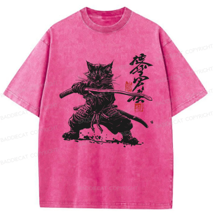 Baddiecat Samurai Cat Kanji Japanese Unisex Washed T-shirt