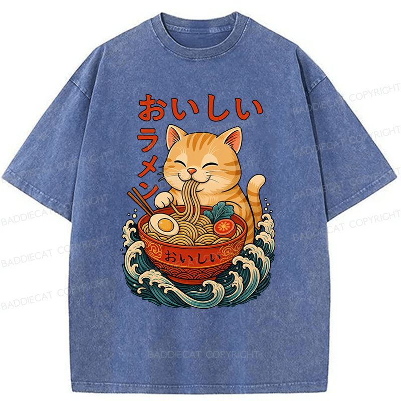 Baddiecat Ramen Cat Japanese Anime Kitty Noodle Washed T-shirt