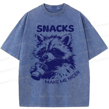 Baddiecat Snacks Make Me Nicer Raccoon Washed T-shirt
