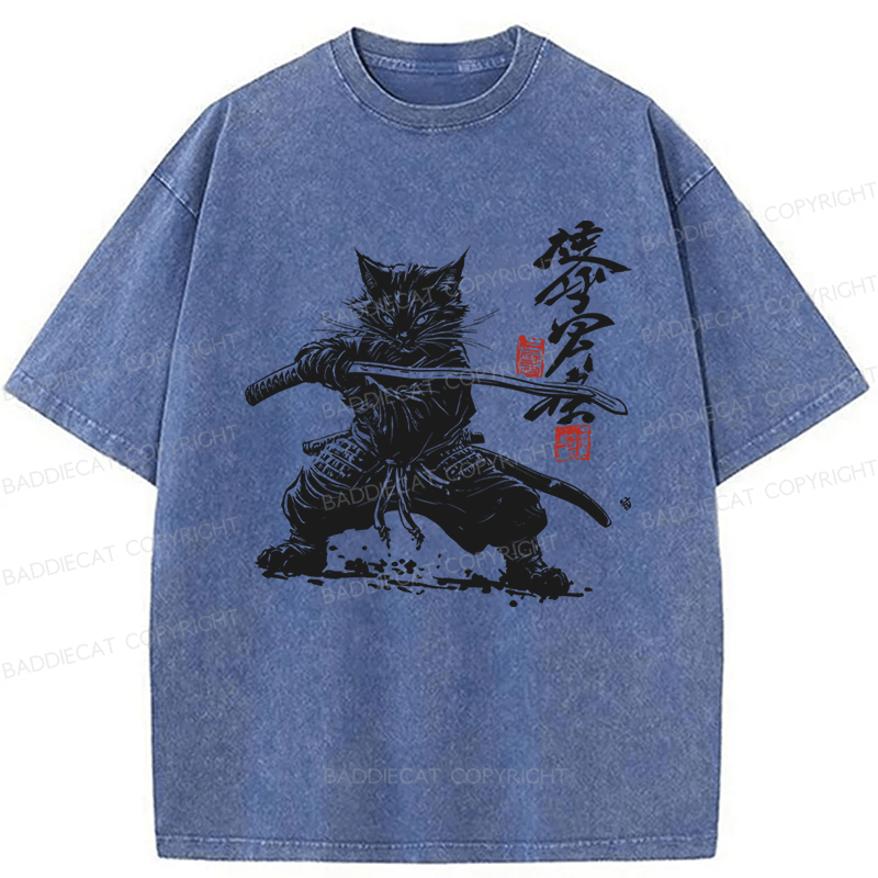 Baddiecat Samurai Cat Kanji Japanese Unisex Washed T-shirt