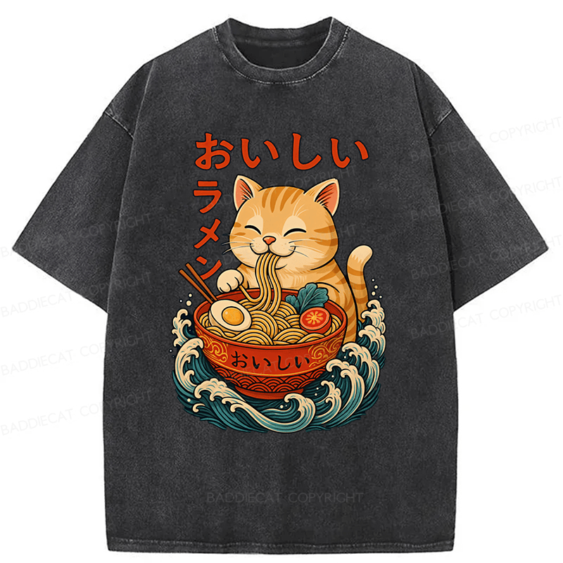 Baddiecat Ramen Cat Japanese Anime Kitty Noodle Washed T-shirt