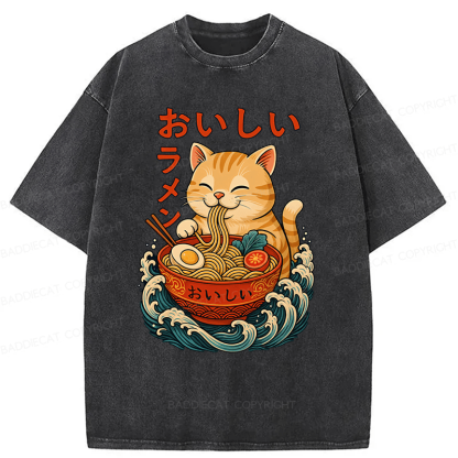 Baddiecat Ramen Cat Japanese Anime Kitty Noodle Washed T-shirt
