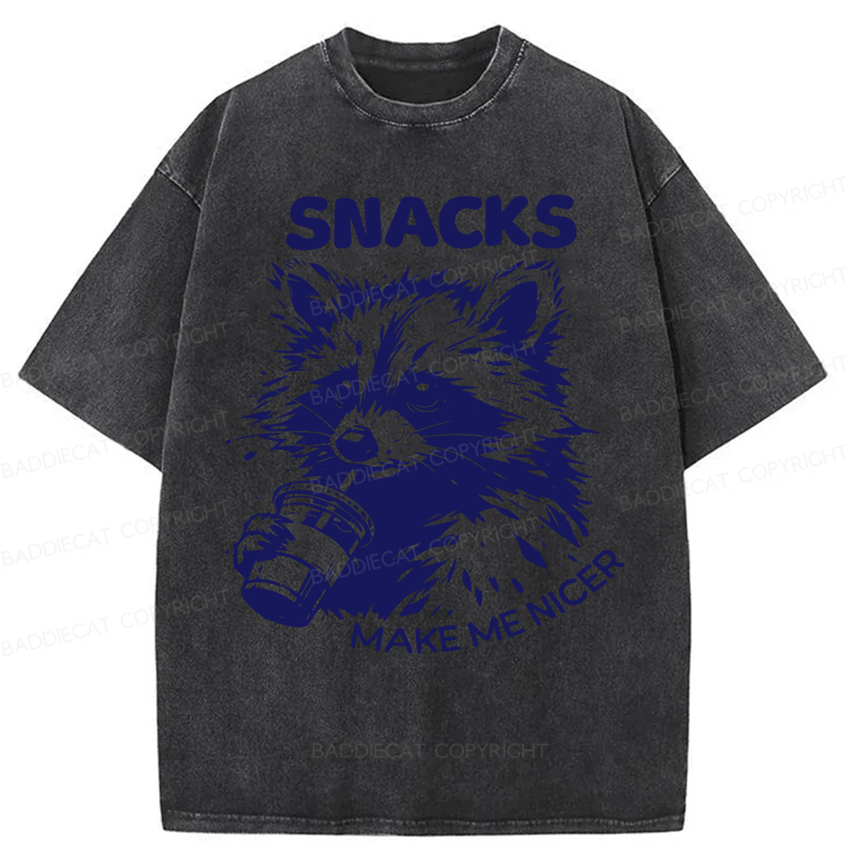 Baddiecat Snacks Make Me Nicer Raccoon Washed T-shirt