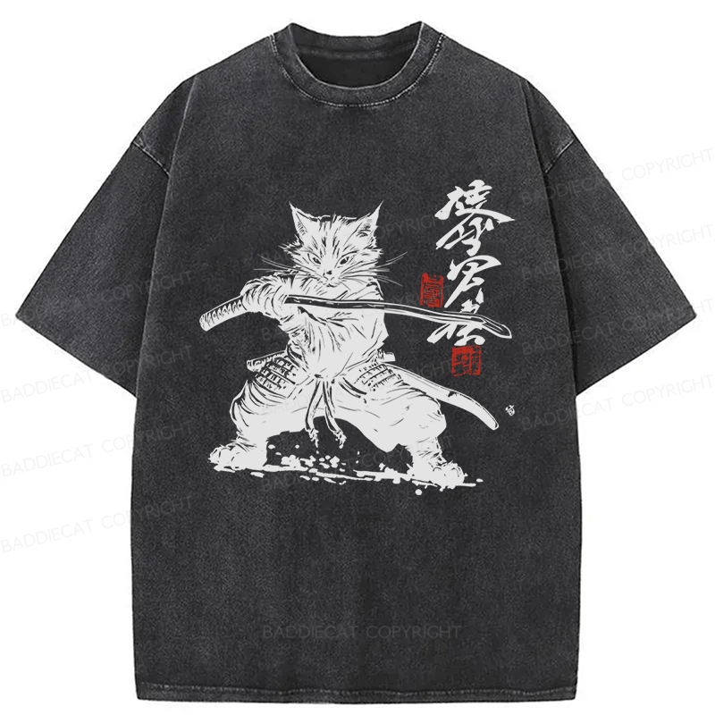 Baddiecat Samurai Cat Kanji Japanese Unisex Washed T-shirt