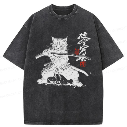 Baddiecat Samurai Cat Kanji Japanese Unisex Washed T-shirt