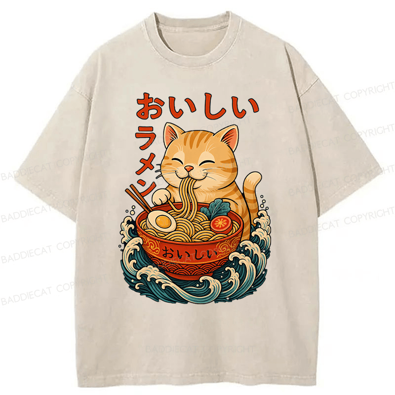 Baddiecat Ramen Cat Japanese Anime Kitty Noodle Washed T-shirt