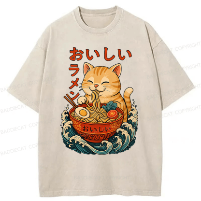 Baddiecat Ramen Cat Japanese Anime Kitty Noodle Washed T-shirt