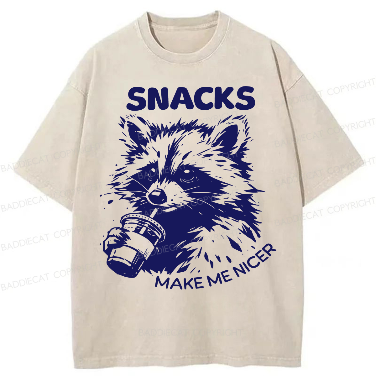 Baddiecat Snacks Make Me Nicer Raccoon Washed T-shirt