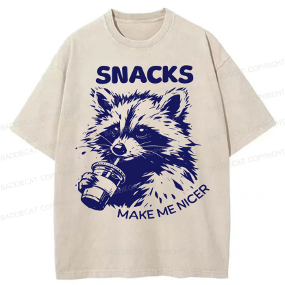 Baddiecat Snacks Make Me Nicer Raccoon Washed T-shirt