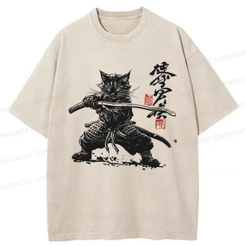 Baddiecat Samurai Cat Kanji Japanese Unisex Washed T-shirt