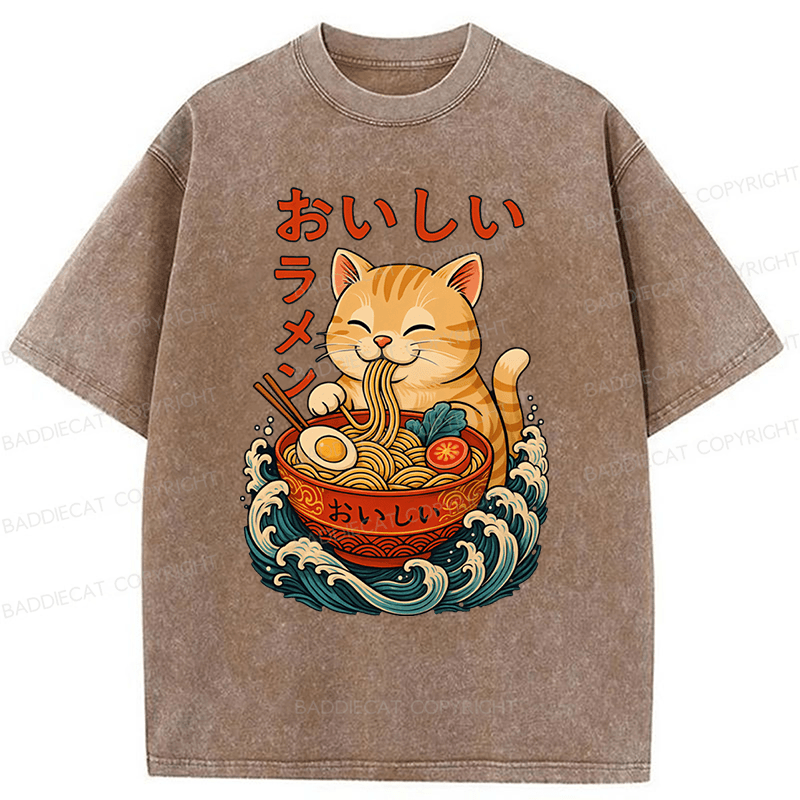 Baddiecat Ramen Cat Japanese Anime Kitty Noodle Washed T-shirt