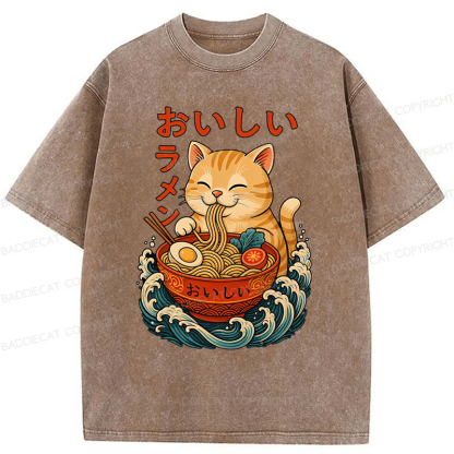 Baddiecat Ramen Cat Japanese Anime Kitty Noodle Washed T-shirt