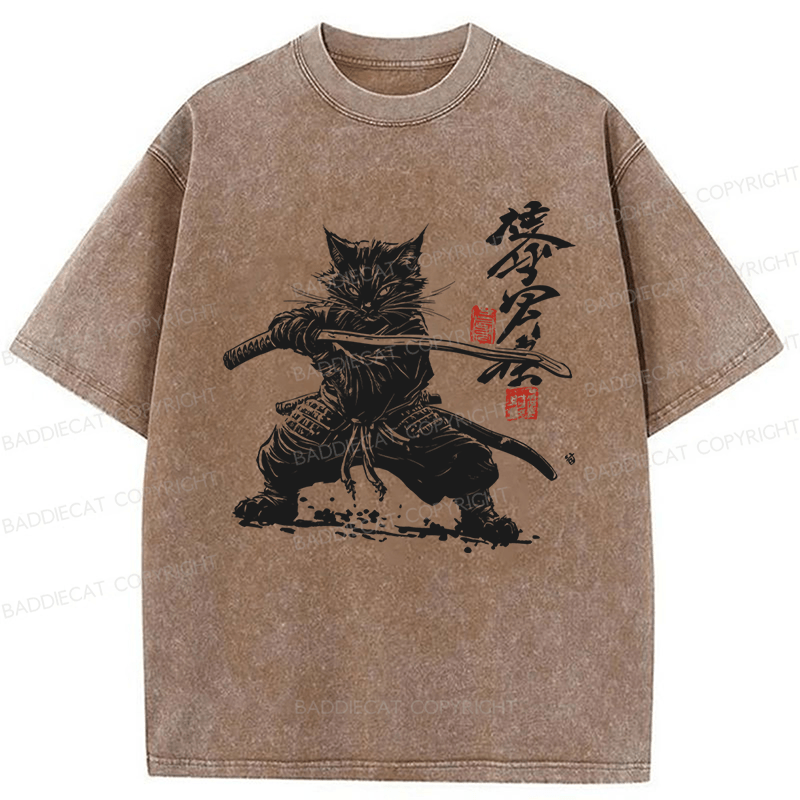 Baddiecat Samurai Cat Kanji Japanese Unisex Washed T-shirt
