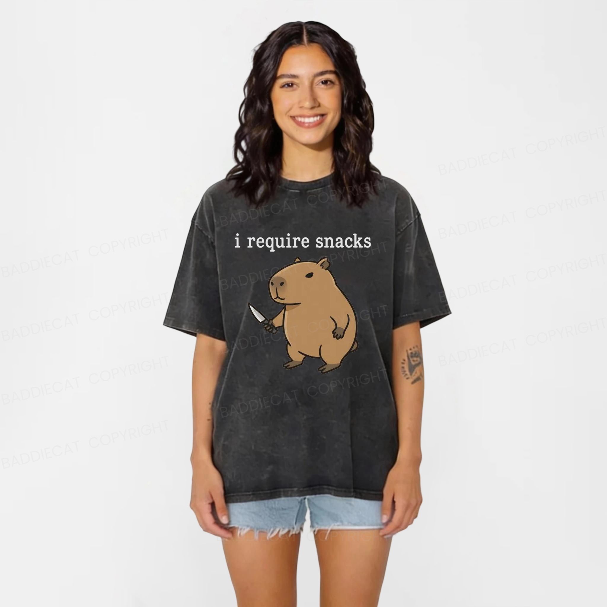 Baddiecat I Require Snacks Capybara Washed T-shirt
