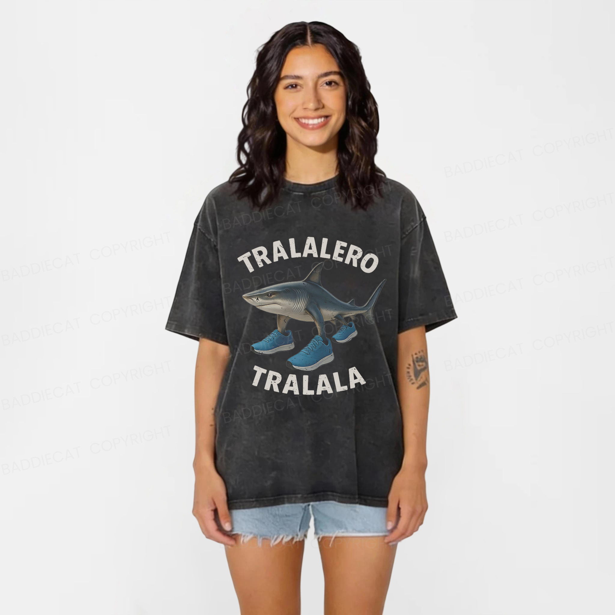 Baddiecat Tralalero Tralala Shark Washed T-shirt