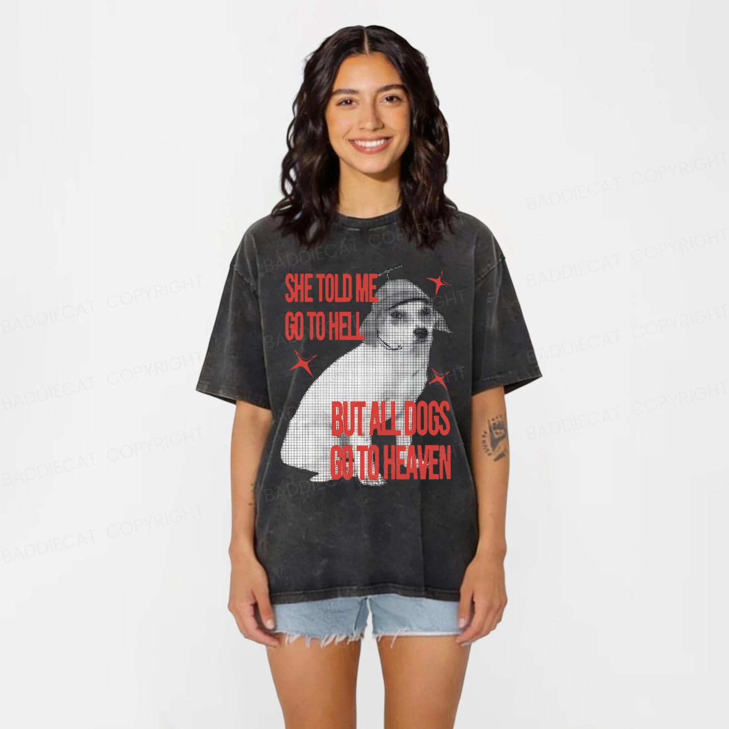 Baddiecat All Dogs Go To Heaven Washed T-shirt