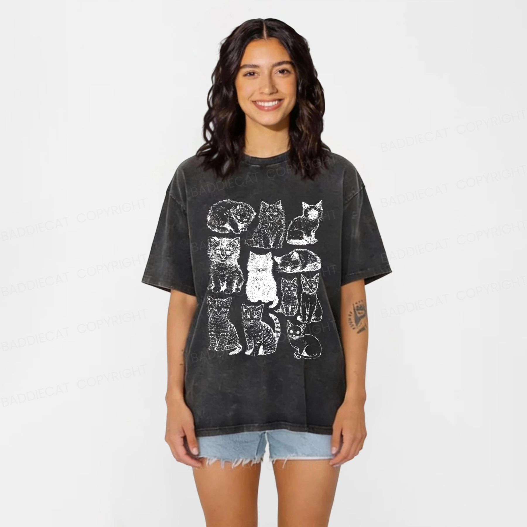 Baddiecat Retro Kittens Washed T-shirt