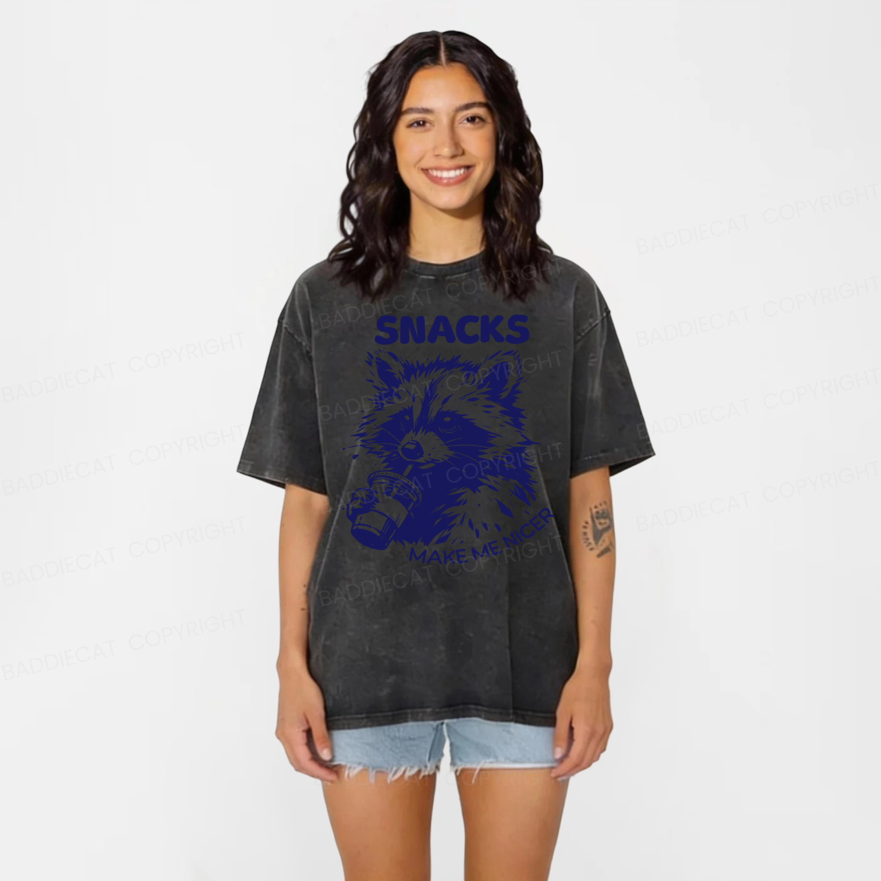 Baddiecat Snacks Make Me Nicer Raccoon Washed T-shirt