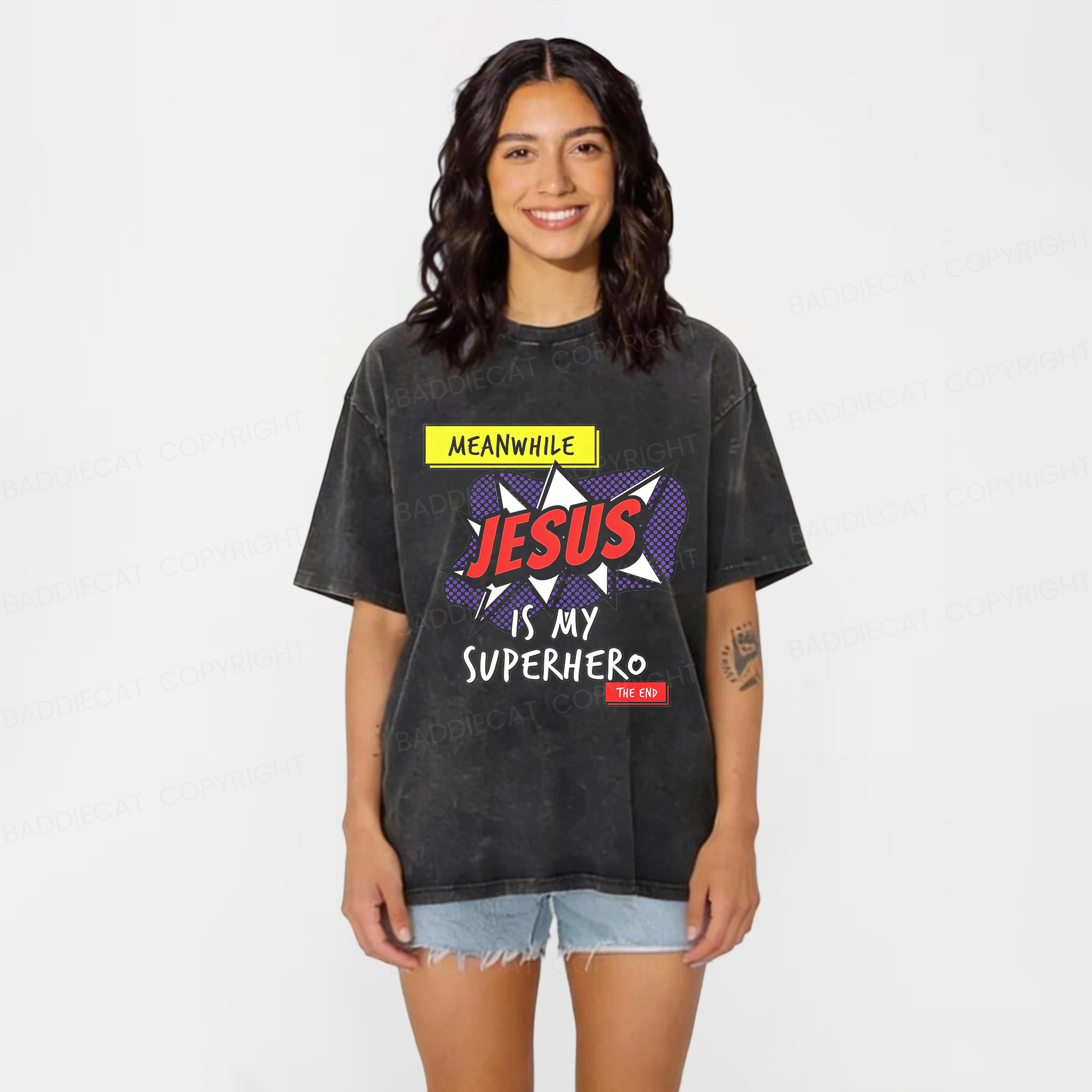 Baddiecat Jesus Is My Superhero Washed T-shirt