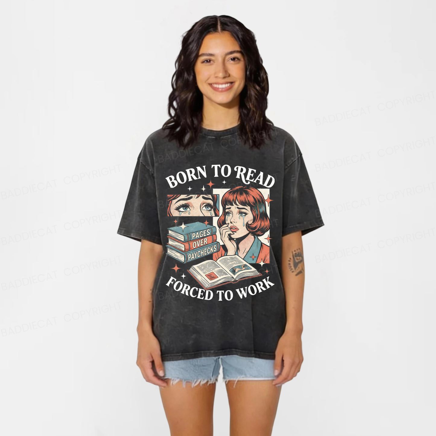 Baddiecat Born To Read Forced To Work Washed T-shirt