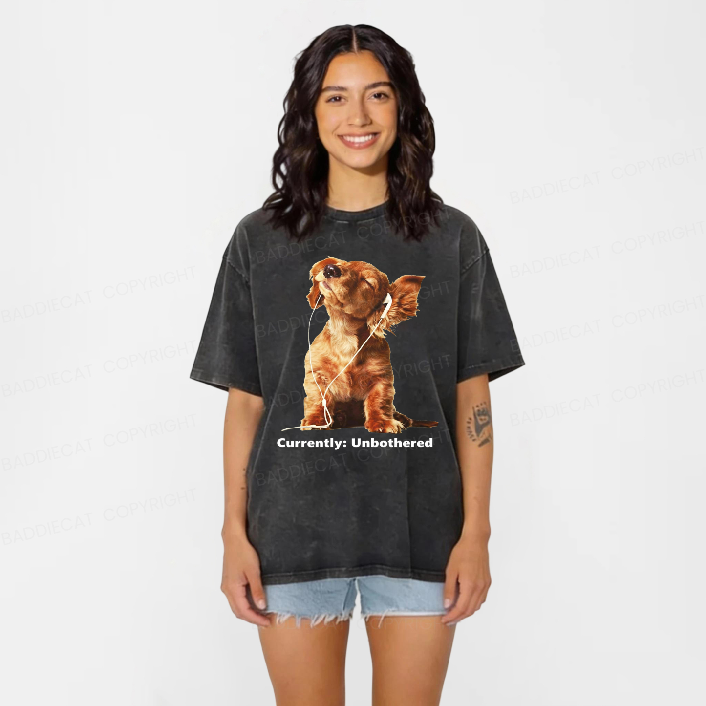 Baddiecat Currently Unbothered Dog Washed T-shirt