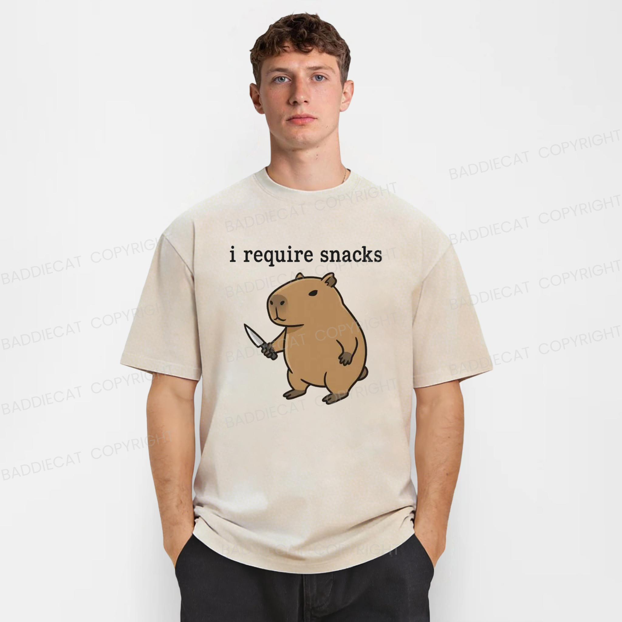 Baddiecat I Require Snacks Capybara Washed T-shirt
