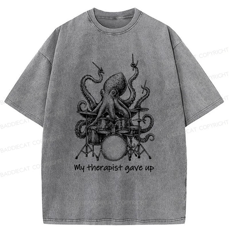 Baddiecat Octopus Playing Drums Washed T-shirt