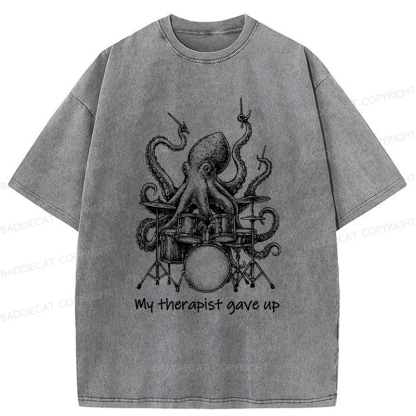 Baddiecat Octopus Playing Drums Washed T-shirt